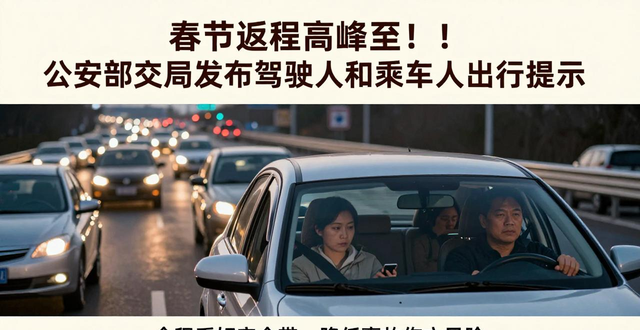 出行提示_春節(jié)返程高速公路免費截止日期_返程安全提示駕駛?cè)俗⒁馐马?/></p>
<p>必須全程系好安全帶，前排乘客要系好，后排乘客同樣也要全程系好，因為這樣做能夠極大程度降低事故傷亡風(fēng)險。應(yīng)該給兒童配備適宜的兒童安全座椅。乘坐摩托車務(wù)必戴好頭盔。</p>
<p>乘車時不要攜帶危險品，嚴禁攜帶易燃易爆物品上車，要是發(fā)現(xiàn)其他人攜帶，應(yīng)當(dāng)及時進行勸阻或者舉報。</p>
<p>不可搭乘超員之車，超員會對車輛制動以及穩(wěn)定性造成嚴重影響，進而增加事故發(fā)生的風(fēng)險。乘坐長途客車之時，應(yīng)當(dāng)挑選站內(nèi)正規(guī)的車輛，拒絕乘坐超員之車。拼車出行同樣需要提前確認人數(shù)，杜絕出現(xiàn)超員的情況。</p>
<p>搭乘車輛期間，要防止出現(xiàn)諸如聊天、搶奪方向盤這般會影響駕駛?cè)税踩倏剀囕v的行為，從而不去打擾駕駛?cè)?，做到不干擾其駕駛。</p>
<p>拒絕乘坐那種所謂的“黑車”，要經(jīng)由正規(guī)門路去購票乘車，萬萬不能乘坐那種缺少監(jiān)管，并且存在大安全憂患，屬于非法運營的車輛。</p>
<p>警方作出提醒，在返程的路途之中，務(wù)必要做到文明地駕駛車輛，要預(yù)先去規(guī)劃好路線，以及規(guī)劃好時間，盡可能地去避開高峰時段，以此來確保能夠平安地返程。</p></div>
    <div   id="fq1eucjzb"   class="clearfix"></div>
        <h5 class="post-tags"><span id="fq1eucjzb"    class="glyphicon glyphicon-tags"></span> <a href="http://www.aninoo.com/tags-6077.html" title="春節(jié)返程">春節(jié)返程</a><a href="http://www.aninoo.com/tags-2323.html" title="交通安全">交通安全</a><a href="http://www.aninoo.com/tags-7306.html" title="駕駛提示">駕駛提示</a><a href="http://www.aninoo.com/tags-8482.html" title="乘車須知">乘車須知</a><a href="http://www.aninoo.com/tags-2308.html" title="安全出行">安全出行</a></h5>
        <div   id="fq1eucjzb"   class="alert alert-info p-copyright" role="alert">
        <p> 本站文章除注明轉(zhuǎn)載/出處外，均為本站原創(chuàng)或翻譯。若要轉(zhuǎn)載請務(wù)必注明出處，尊重他人勞動成果共創(chuàng)和諧網(wǎng)絡(luò)環(huán)境。 </p>
        <p> 轉(zhuǎn)載請注明 : 文章轉(zhuǎn)載自 ?<a href="http://www.aninoo.com/" rel="bookmark" title="作者：admin"> 途訊交通網(wǎng) </a>?<a href="http://www.aninoo.com/txfl-3.html" rel="bookmark" title="網(wǎng)站分類：出行攻略與工具"> 出行攻略與工具 </a> ?<a href="http://www.aninoo.com/tx/15062.html" rel="bookmark" title="本文固定鏈接：http://www.aninoo.com/tx/15062.html"> 春節(jié)返程高峰至！公安部交管局發(fā)布駕駛?cè)撕统塑嚾顺鲂刑崾?</a> </p>
    </div>
    <div   id="fq1eucjzb"   class="clearfix"></div>
    <ul class="post-share-tools">
        <li><a href="javascript:;" class="share-tools praise" xv=